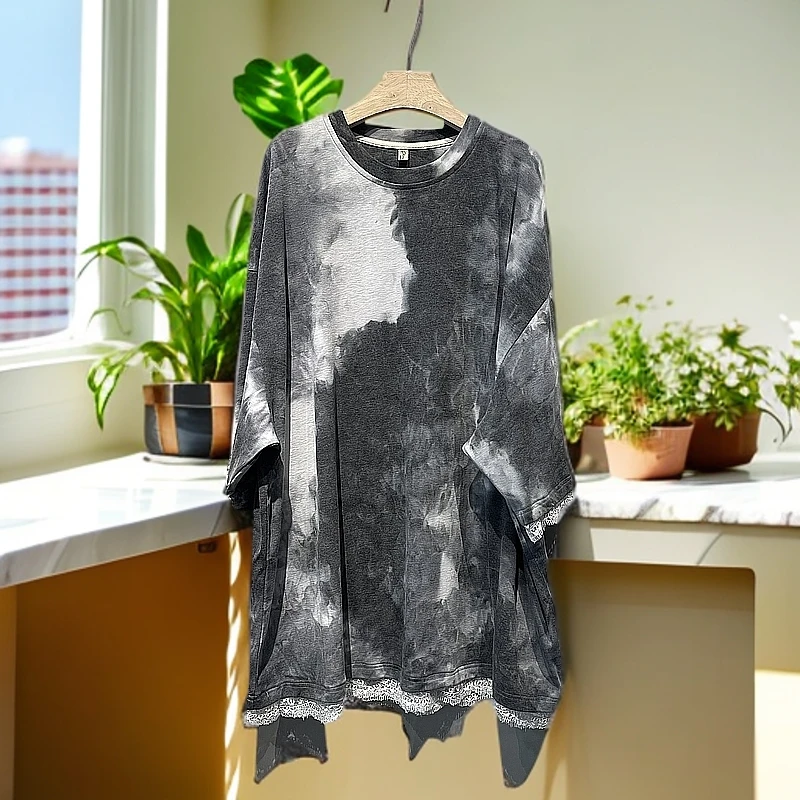 扎染短袖T恤女夏季新款中长款上衣云朵