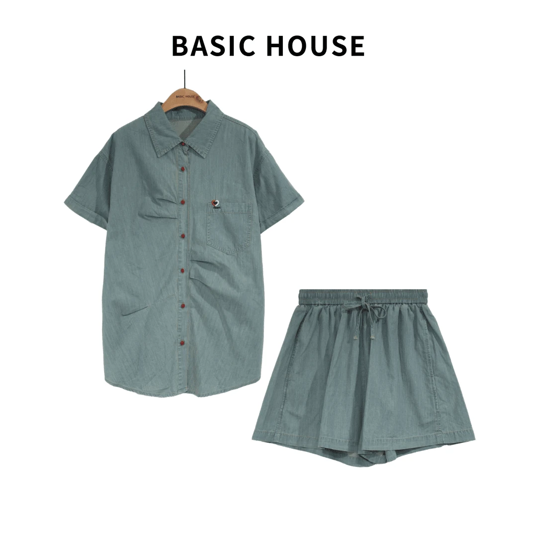 Basic House/百家好牛仔休闲复古潮流短袖短裤套装B1385B5HE92