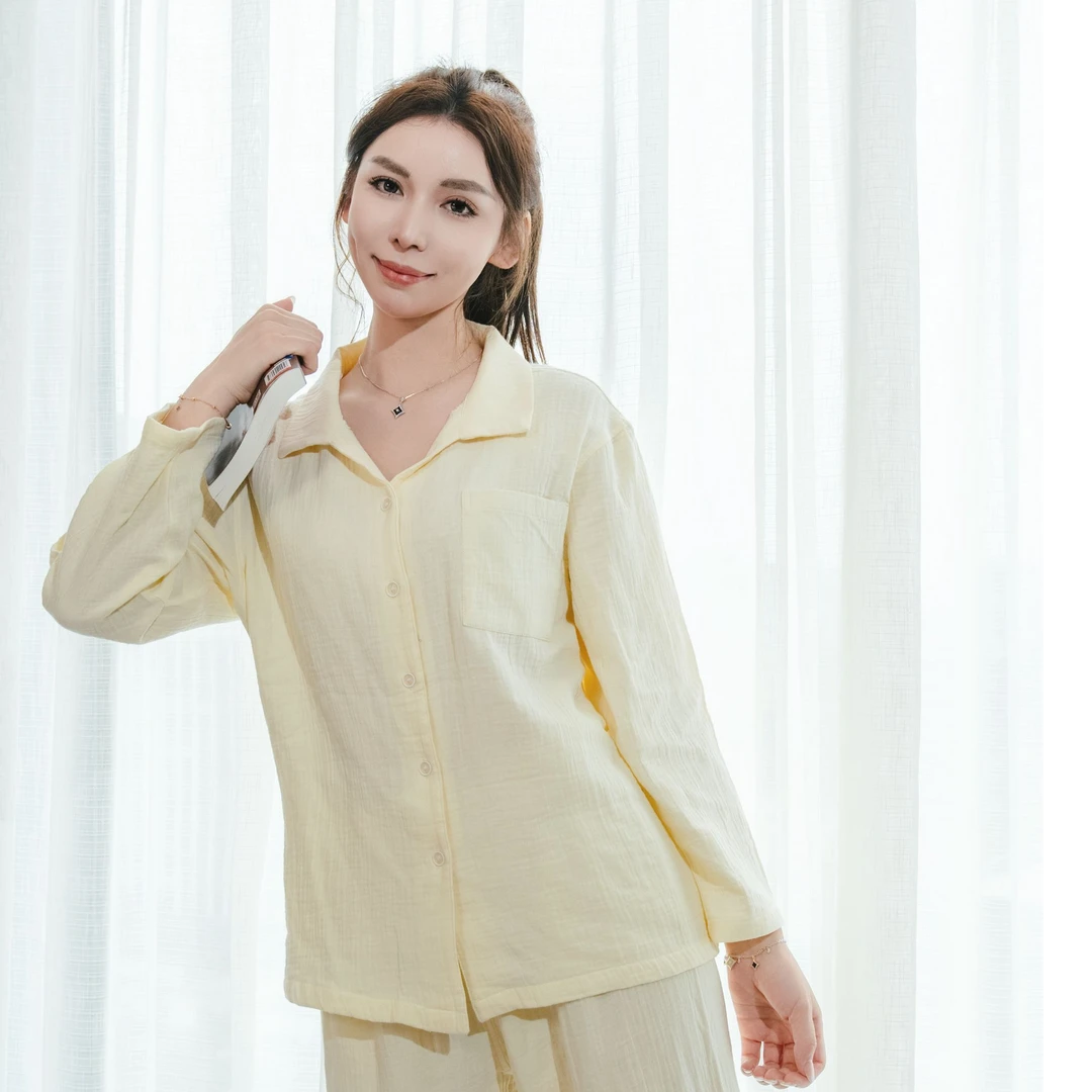 纯色全棉双层纱长袖长裤四季家居服套装绉绉纱睡衣