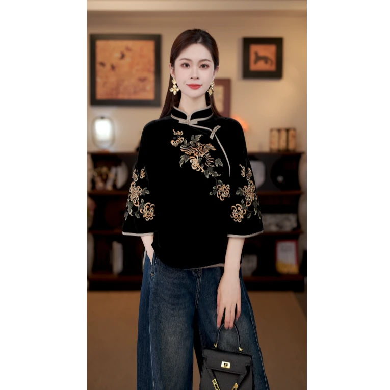 【凤凰】满分桑蚕丝上衣女新中式重工刺绣丝绒小衫LYFSY1006