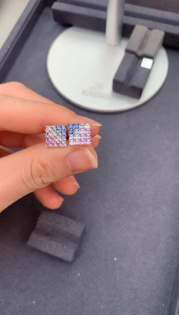 【闪购商品】彩色蓝宝石裸石18K金镶嵌1.7ct彩蓝宝耳钉