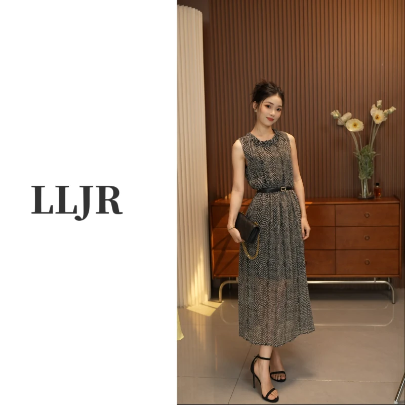 【北贝】优雅圆领显瘦夏季无袖连衣裙印花修身时尚D852