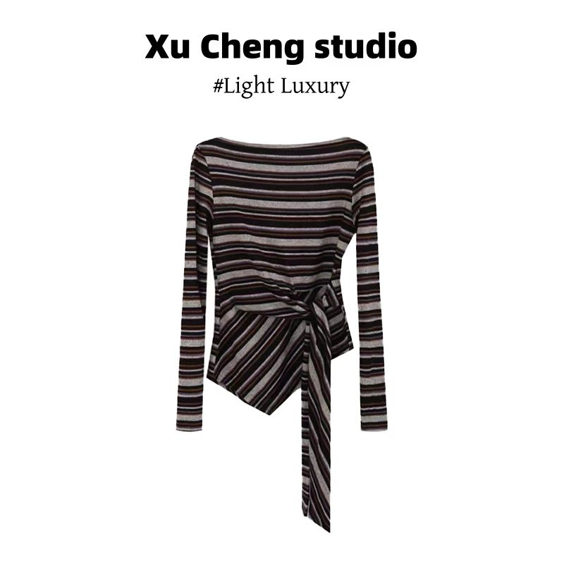 Xu Cheng独特漂亮小衫露肩长袖系带条纹上衣气质高腰显瘦半身裙