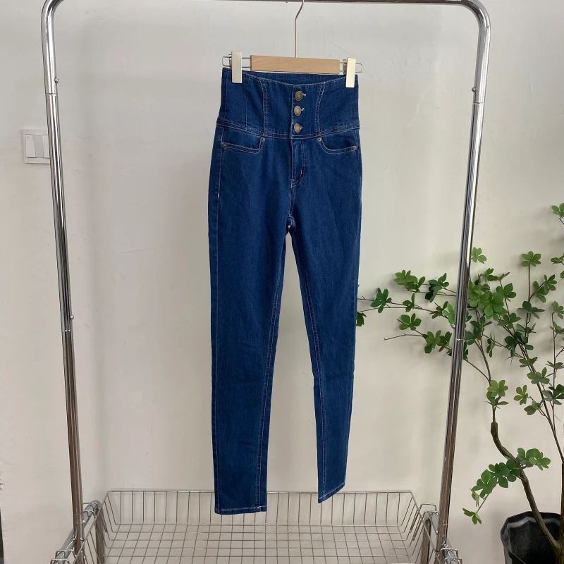 B9102外贸日单女士牛仔裤高腰三粒扣弹力修身小脚裤