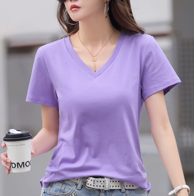 紫色V领短袖t恤女2025夏装新款设计感小众宽松显瘦正肩鸡心上衣