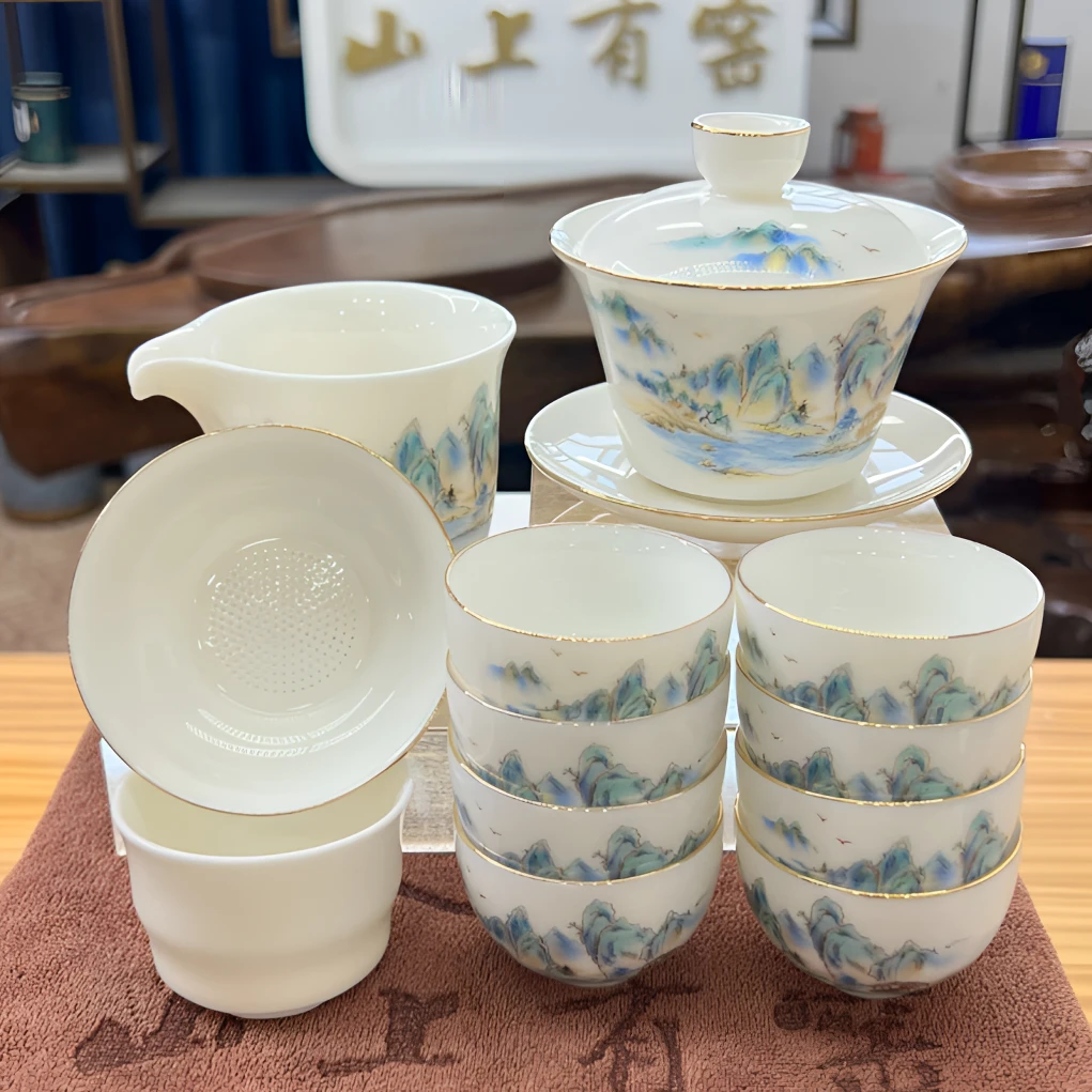 【山上有窑】羊脂玉瓷功夫茶具套装家用办公室高档泡茶盖碗茶杯套装