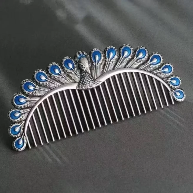 925银银制品 景泰蓝孔雀梳子