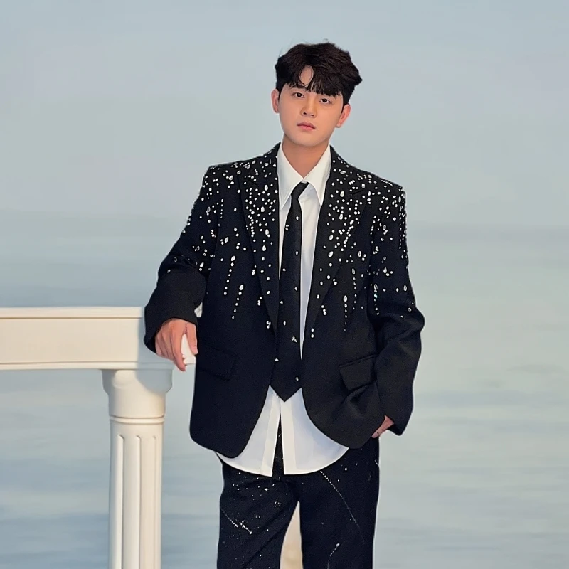 夏季新款炸街西装外套小众重工烫钻设计感轻奢时尚轻奢痞帅男装