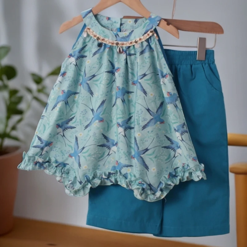 男女童夏季透气凉快度假风清新裙子套装时尚海滩文艺蓝色两件套