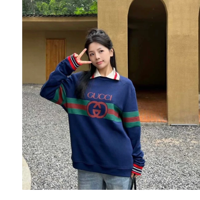 未使用 GUCCI/古驰 字母拼色条纹长袖翻领卫衣男女同款