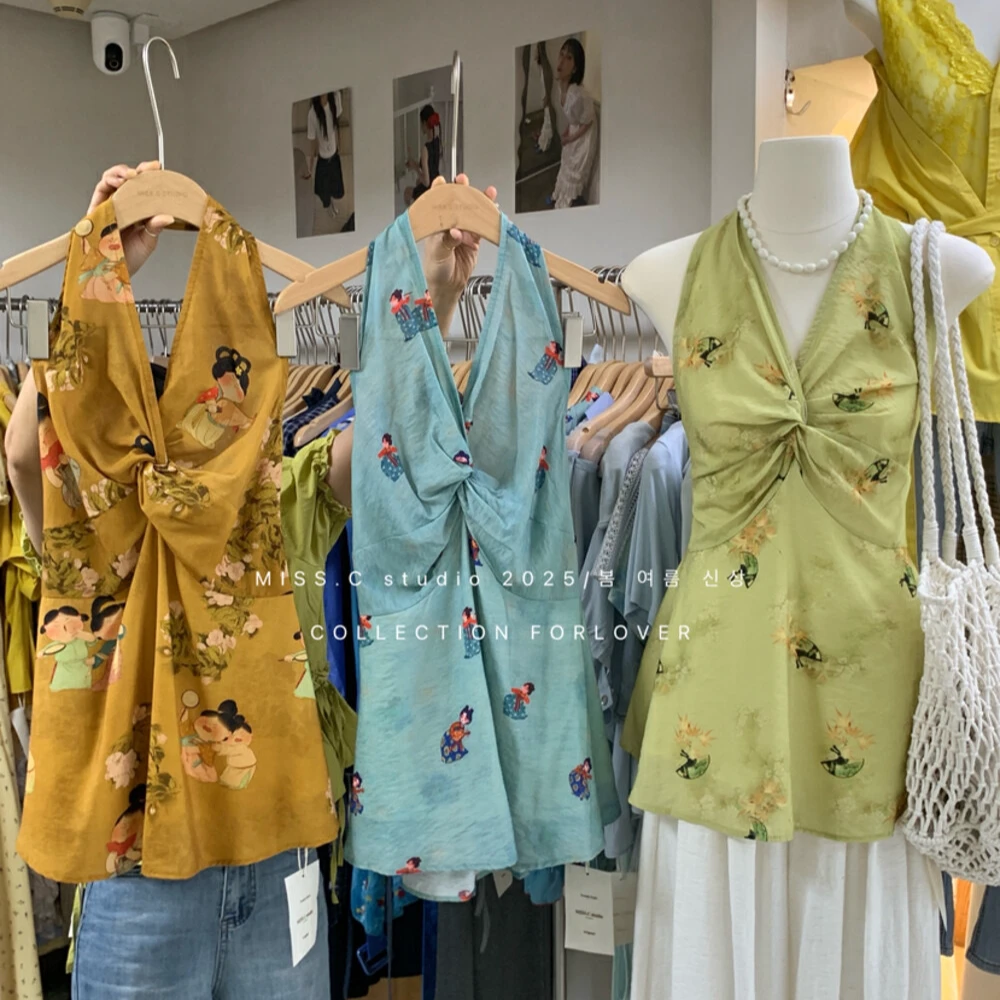 法式韩版中国风INS风背心吊带甜美春季艺术流浪风通勤碎花显瘦