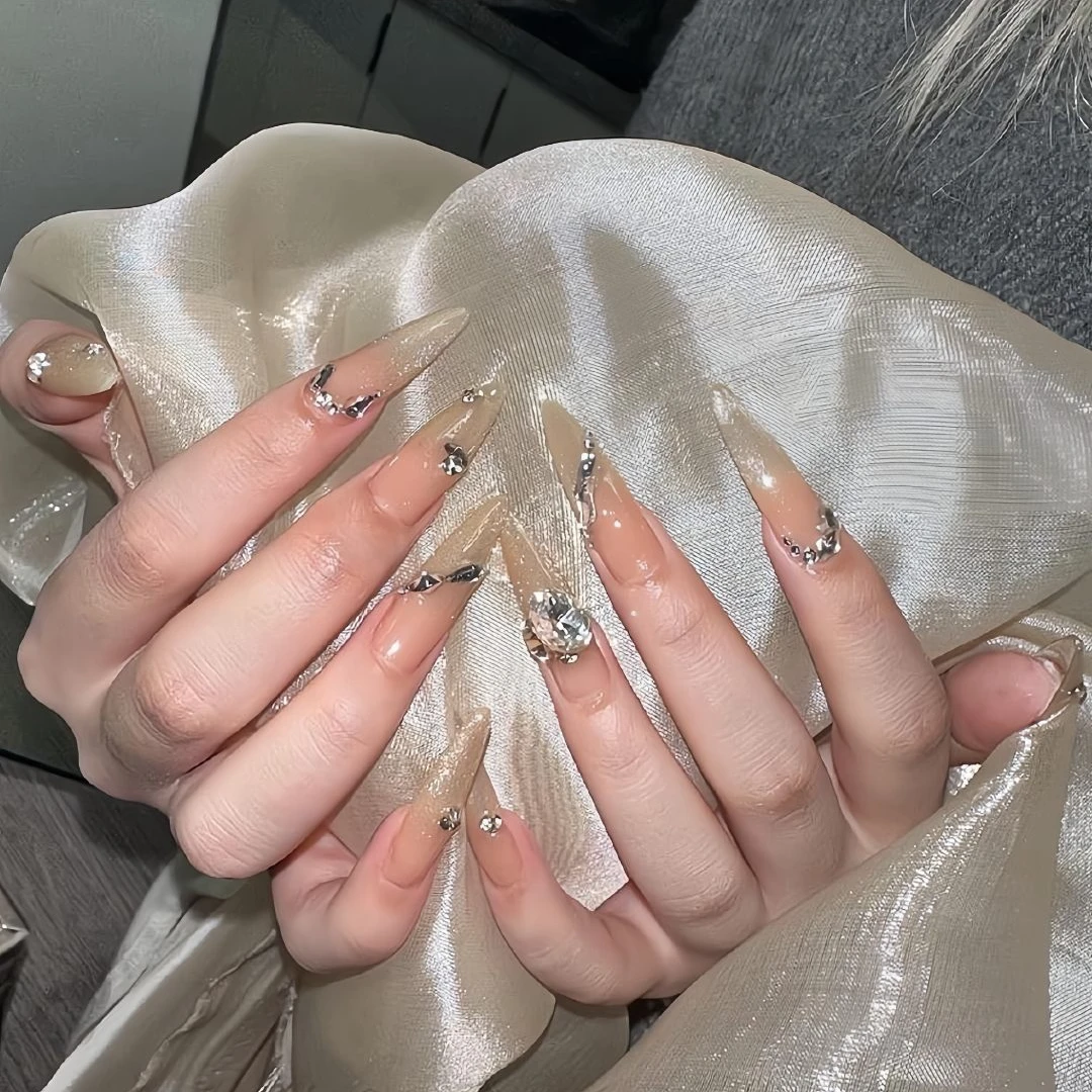 【粉色裸色中长款渐变穿戴式冰透爆闪夏日】纯欲气质甄选手工穿戴甲