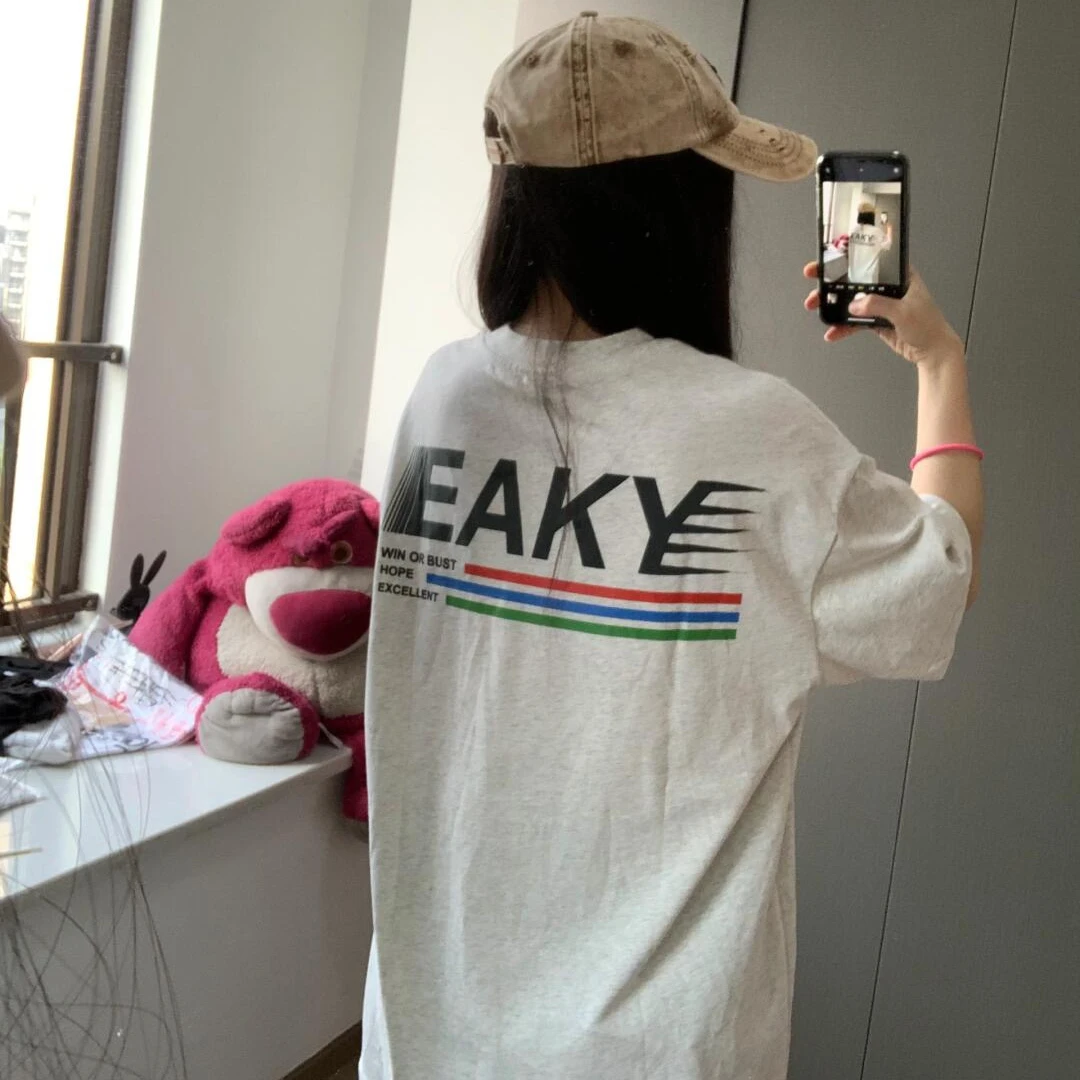 2024涂鸦短半袖t恤女夏新款韩版宽松中长款字母印花港风ins潮