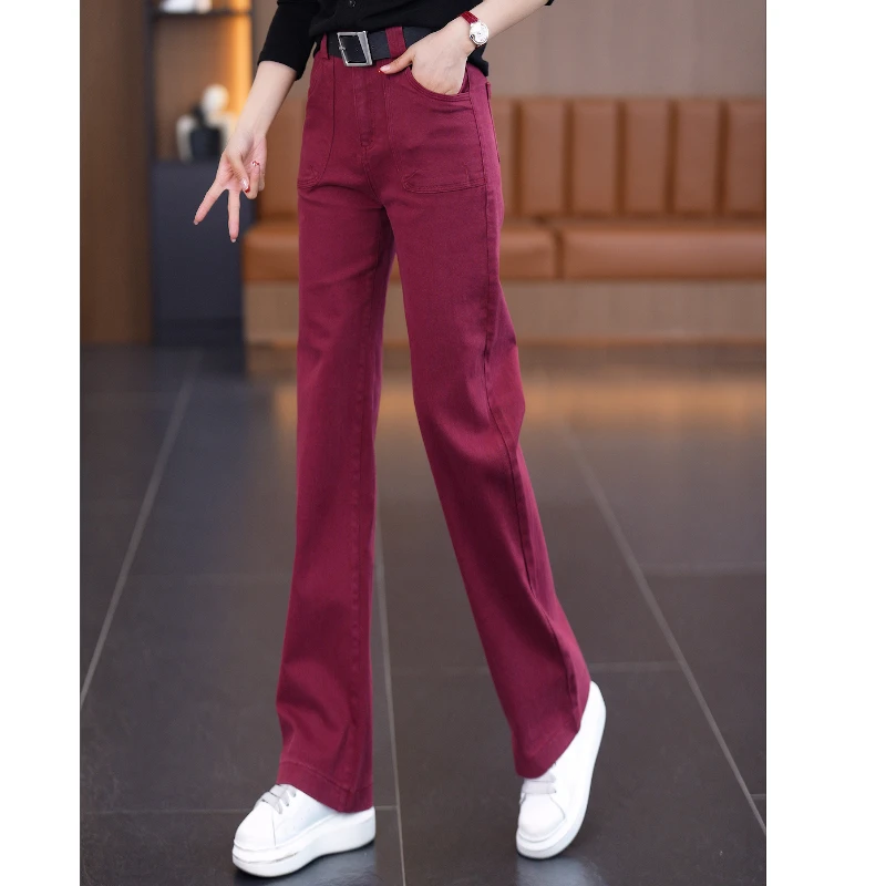 爱瑞丹秋冬新款窄版直筒牛仔裤女高腰垂感柔软安可拉红休闲阔腿裤