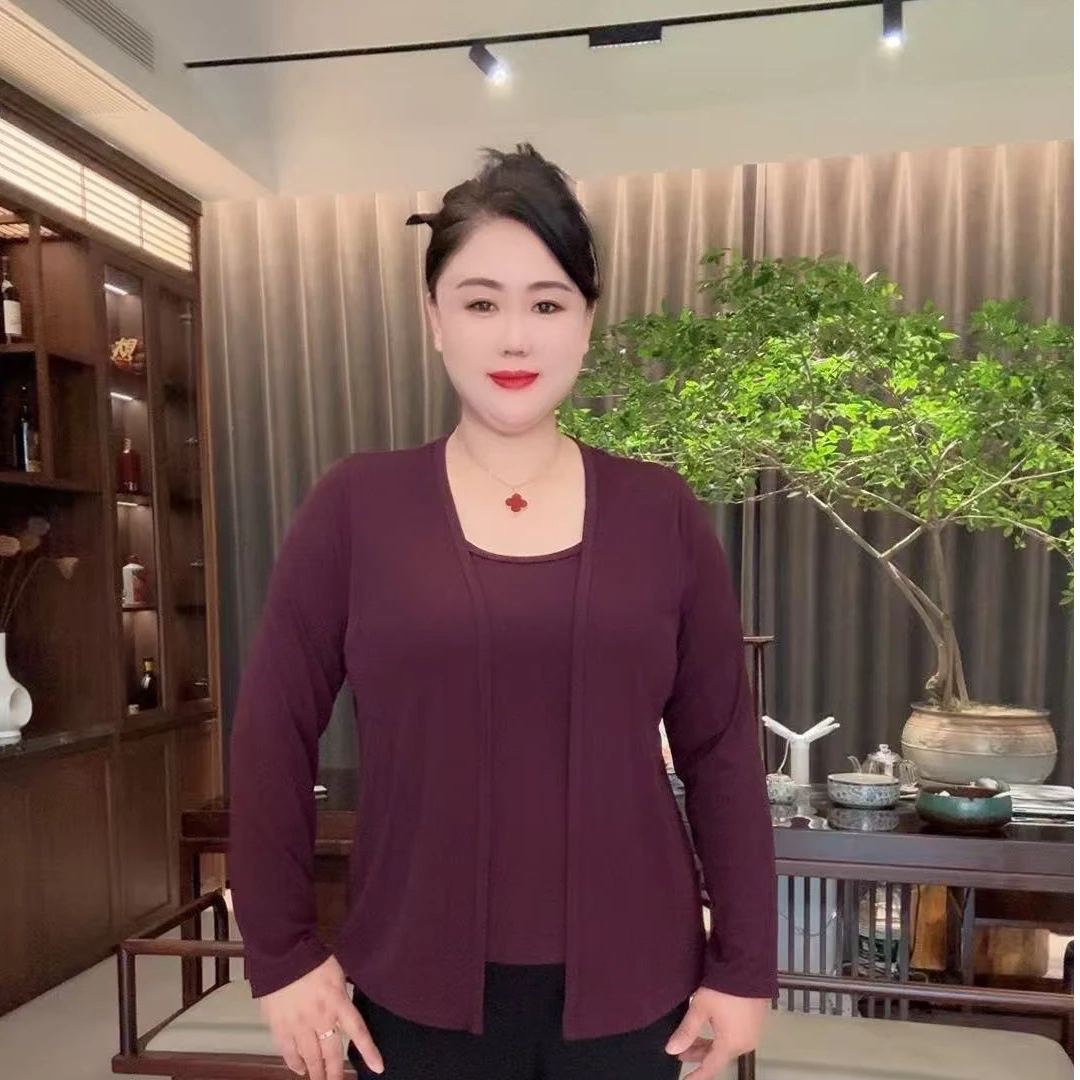 2025早秋新款时尚洋气净版假两件拼接遮肉长袖上衣