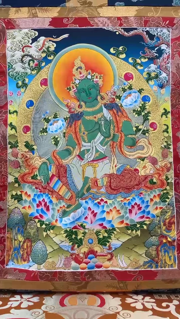 卷轴画矿物质喷绘  绿度母1.3m蓝色龙布
