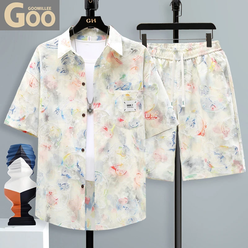高级感韩版休闲衬衫套装男士2025夏季薄款痞帅冰丝短袖短裤两件套