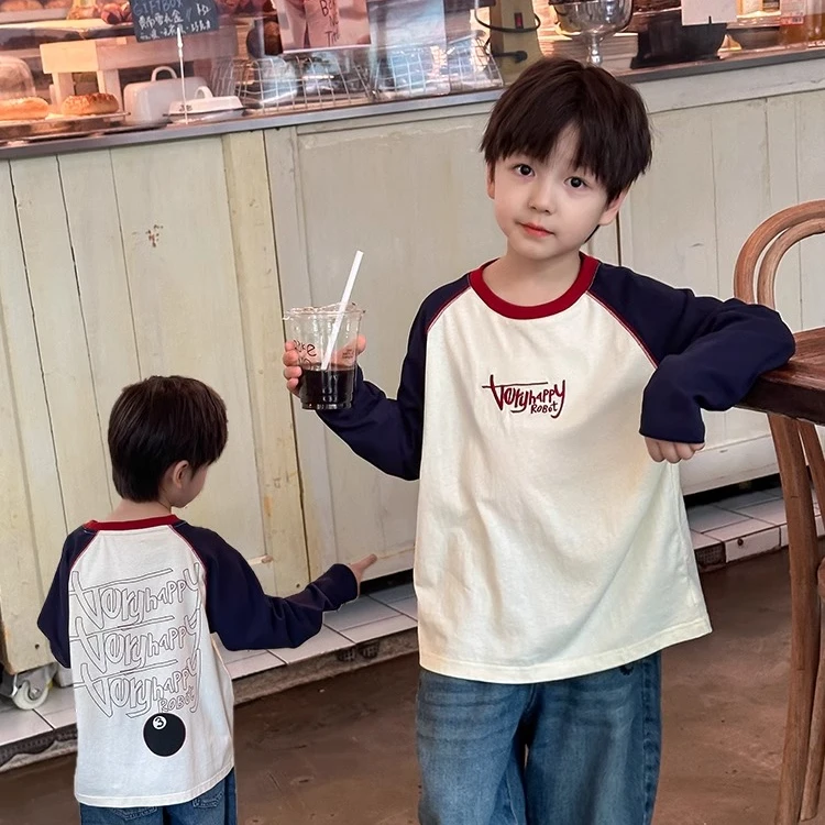 男童拼色字母印花擦肩卫衣儿童秋装上衣宽松圆领打底衫插肩袖