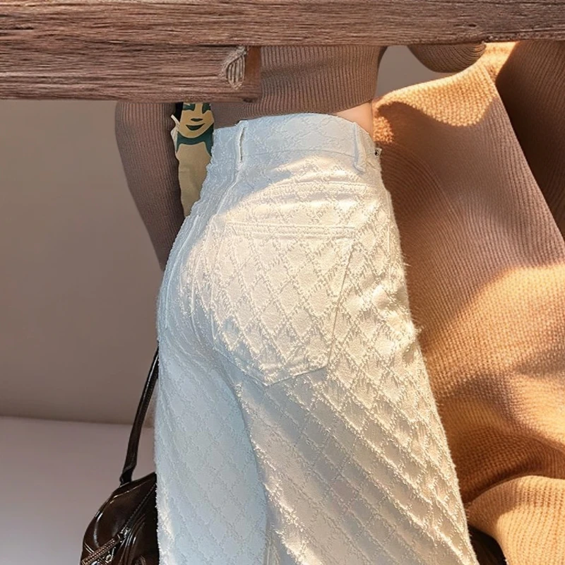 秋季编织感白色高腰牛仔裤女时尚直筒长裤子阔腿裤宽松拖地休闲裤