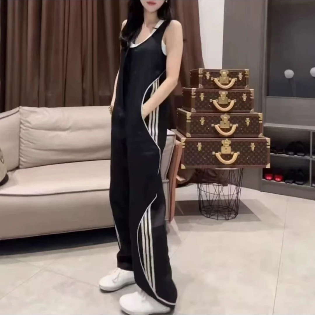 时尚休闲三条杠连体裤2025夏季新款小众显瘦洋气百搭直筒阔腿