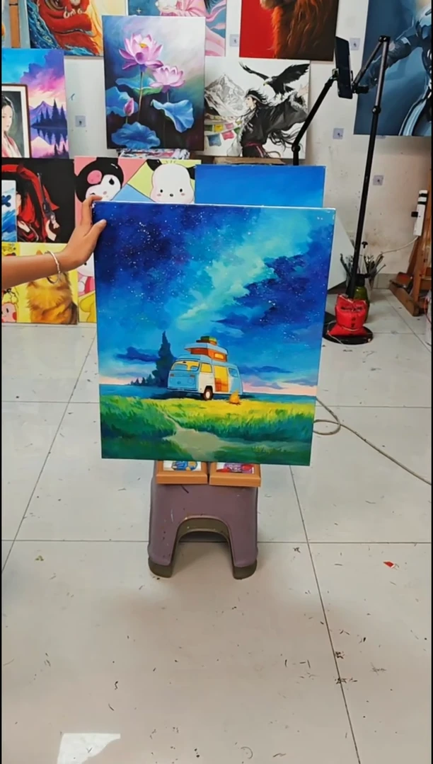 丙烯画野***怪星空露营车丙烯画s加框