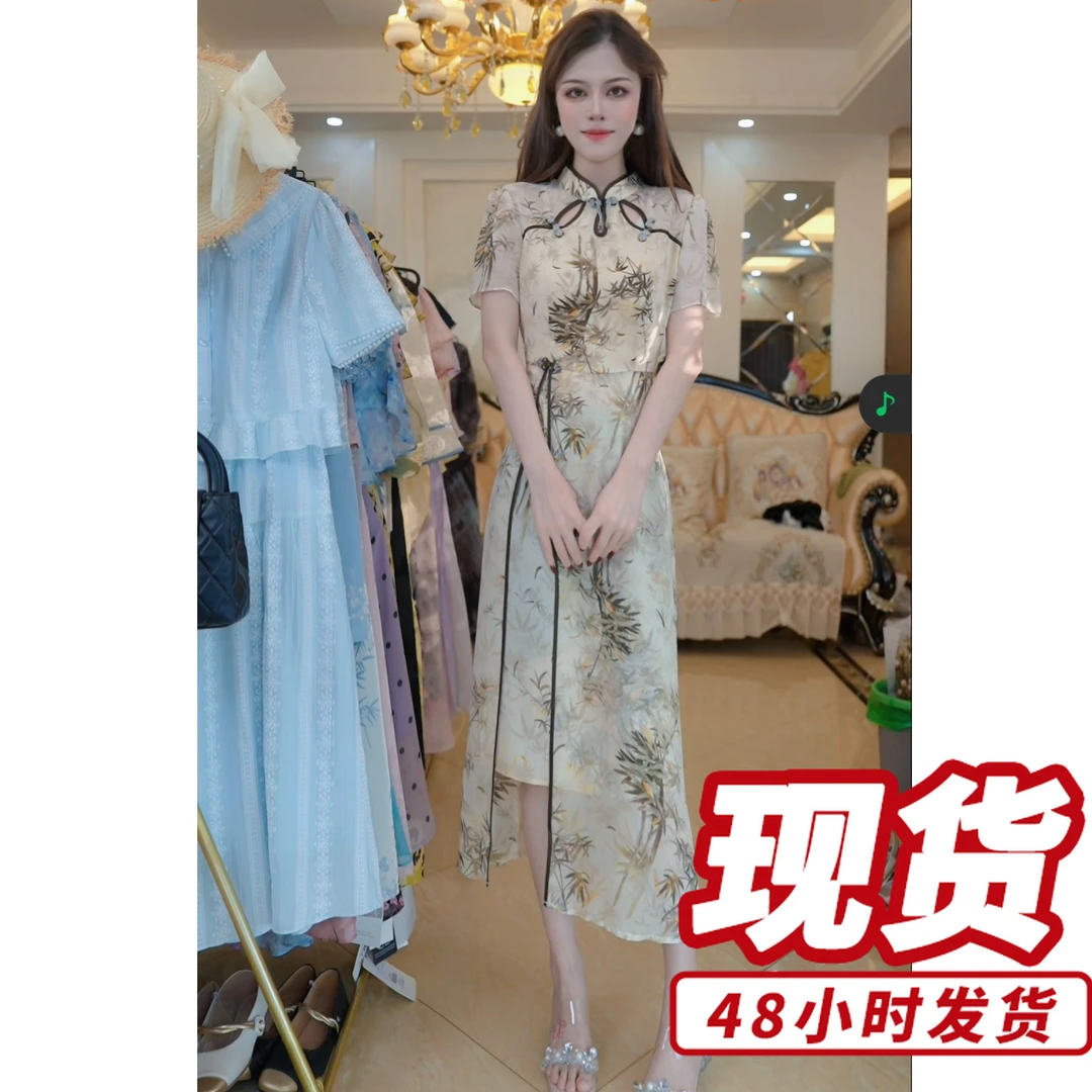 轻奢国风短袖改良旗袍连衣裙显瘦印花裙子A5258