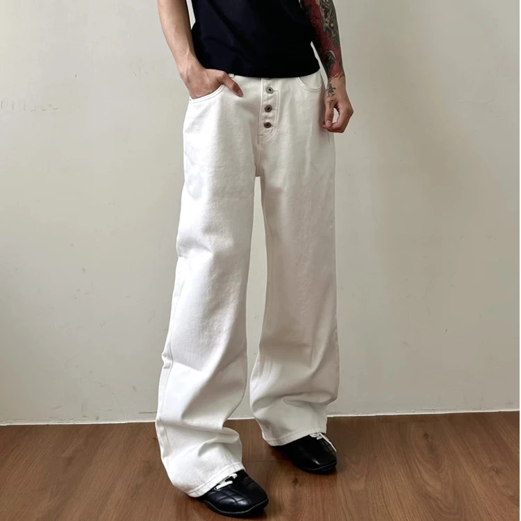 美式复古水洗黑色排扣设计感弯刀牛仔裤潮流宽松阔腿长裤潮