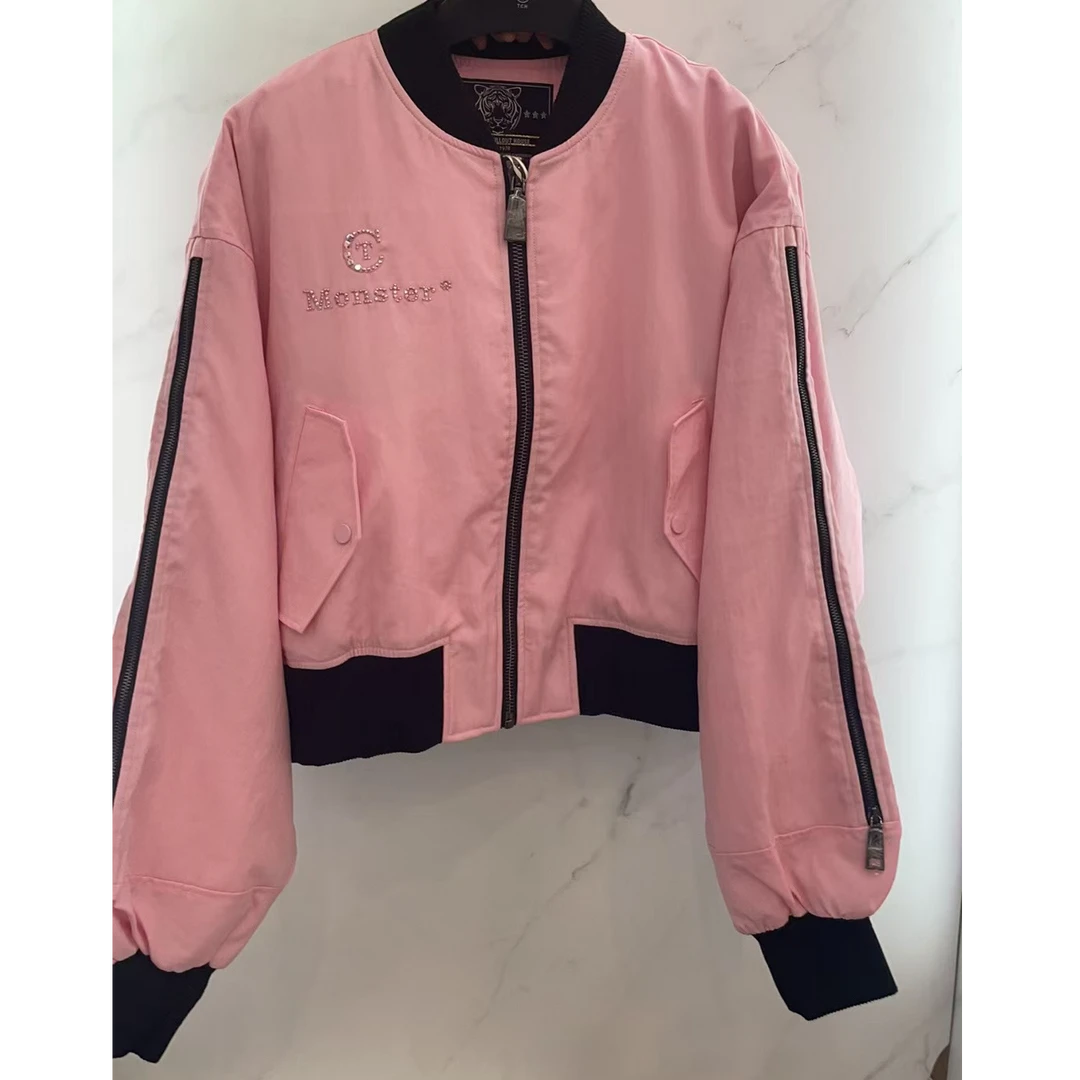 TCH服饰店播-潮牌黑粉拼接字母袖标宽松运动外套女T69C166021