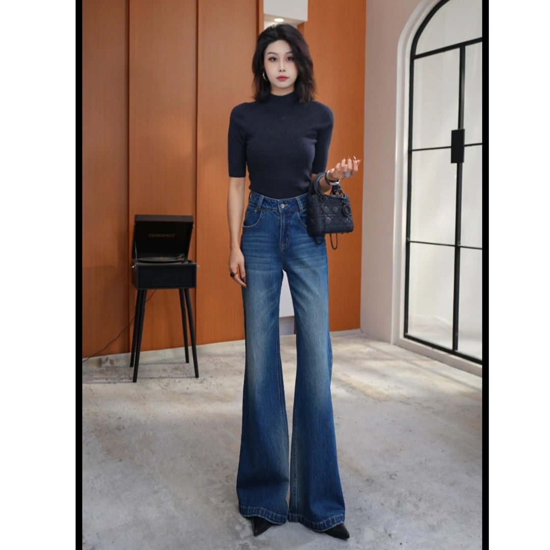 富贵丨秋冬加绒新款阔腿牛仔高级莱赛尔面料高腰喇叭裤设计感牛仔