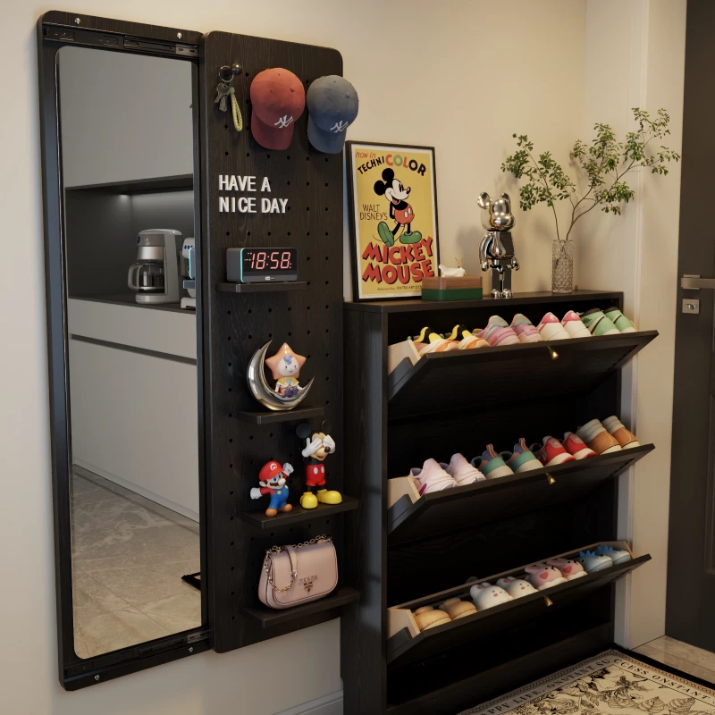 树彤实木洞洞板穿衣镜 一体玄关试衣镜暗藏式推拉镜隐藏式全身镜