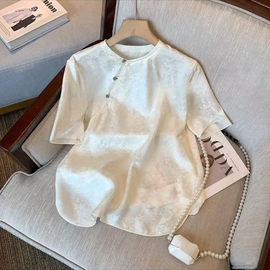 夏季新款T恤女时尚显瘦短袖上衣新中式休闲复古宽松文艺圆领