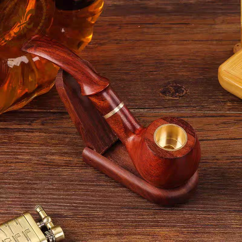 高端全实檀木烟斗传统旱烟杆男士手工烟袋锅中号过滤便携三用老式