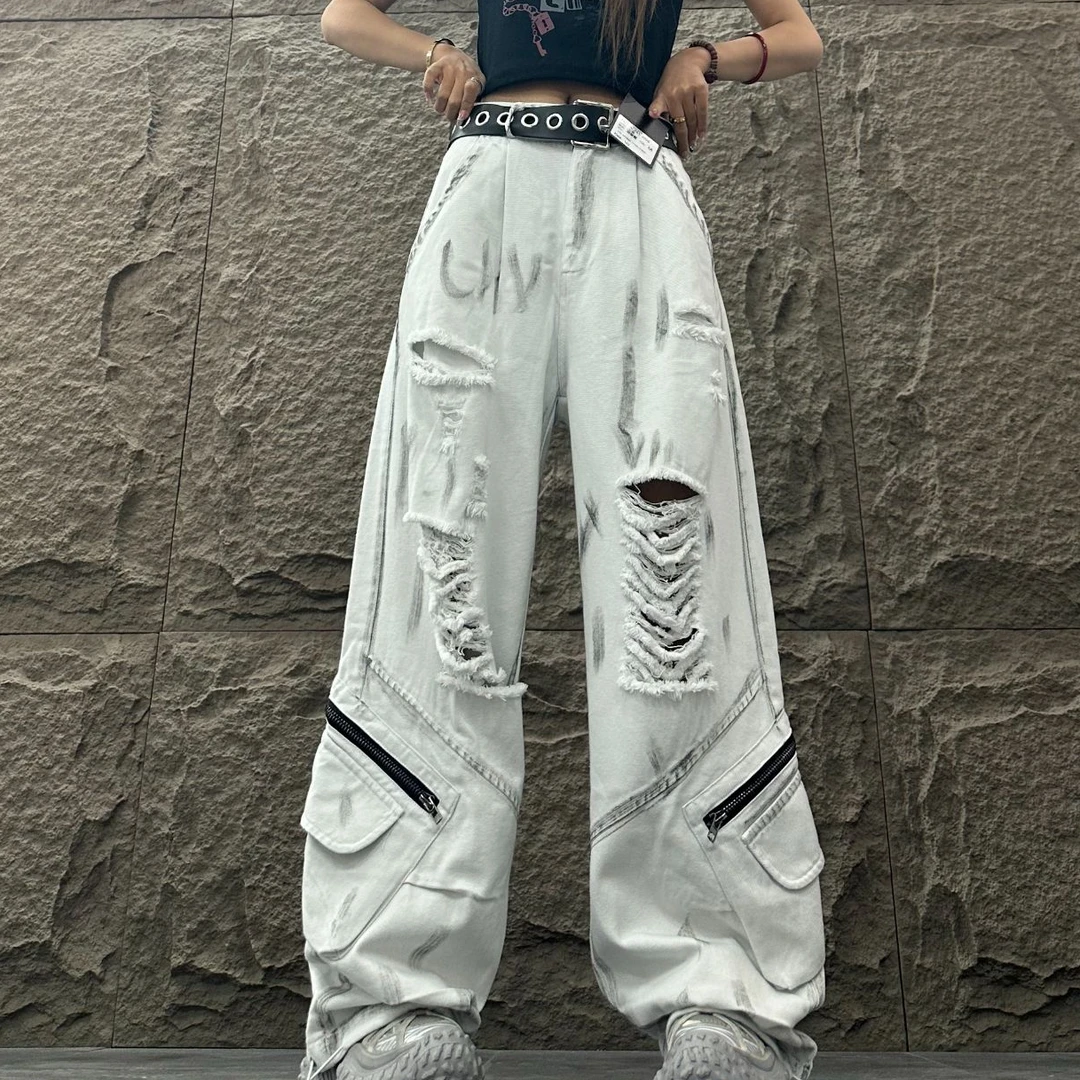 DL6617欧美高街工装牛仔裤破洞裤朋克水洗做旧复古拖地嘻哈阔腿裤