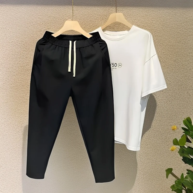 宽松透气休闲裤子男夏季潮牌直筒长裤宽松小脚阔腿裤纯色垂感西裤