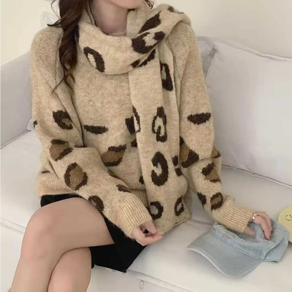 韩系豹纹圆领套头大码胖mm女秋冬季慵懒风时尚加厚毛针织宽松1