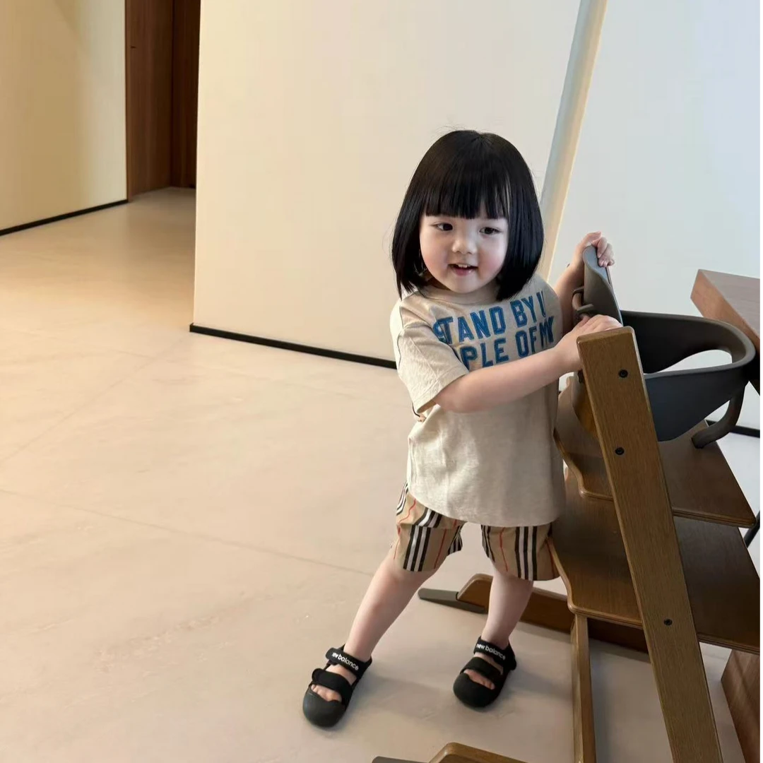 小惜亦女童2025夏季新款韩版字母印花短袖条纹短裤小女孩休闲套装