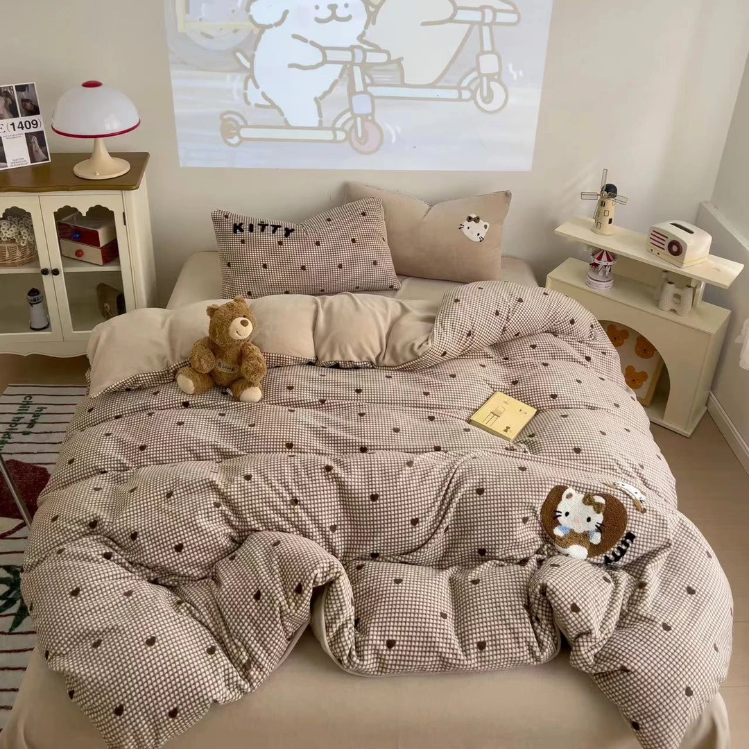 小玲子 咖啡小猫 高克重毛巾绣牛奶绒三件套四件套可爱卡通风