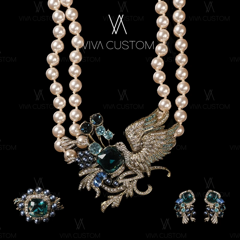 铜合金合成锆石耳饰 珠华旧梦系列 欧美风复古小鸟套装