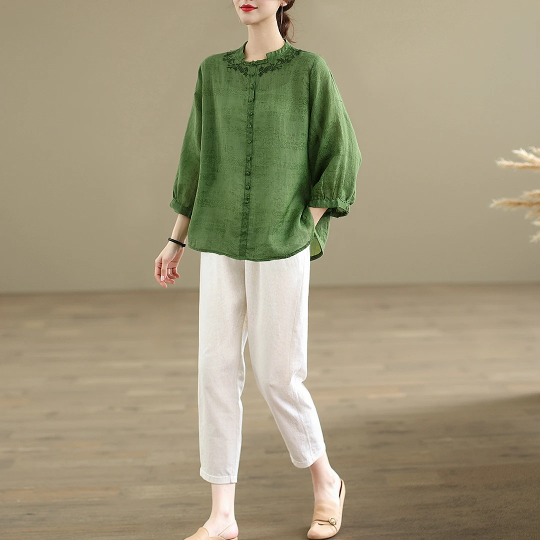 YX#【单/套装】时尚套装绣花立领盘扣刺绣衬衫+高腰阔腿裤DY13073