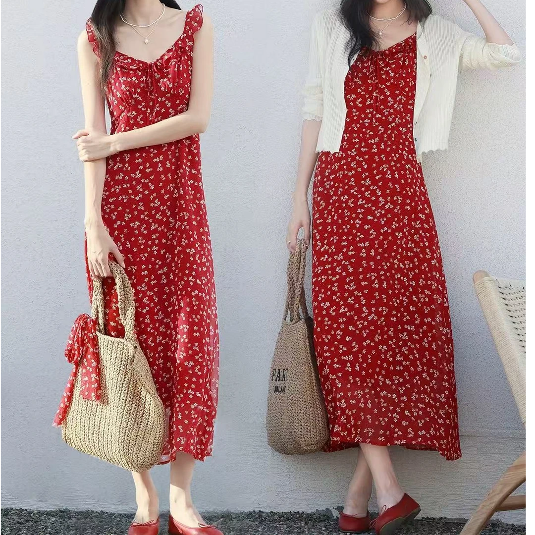 3381荷叶边红色碎花吊带连衣裙蟹