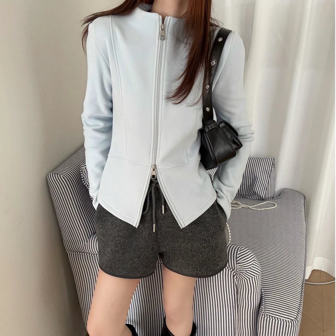 2025秋冬新款休闲百搭立领卫衣女小蛮腰防风蚕丝绵羊毛外套-8512