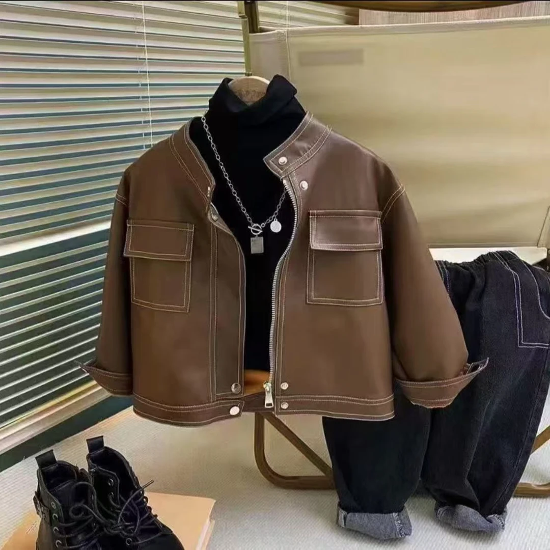 一字领韩版春秋夹克酷帅童装皮衣宽松翻领童装女童皮夹克外套