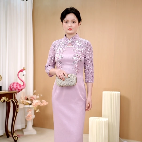 喜妈妈礼服母亲喜婆婆婚宴装高贵旗袍短款改良版小个子平时可穿