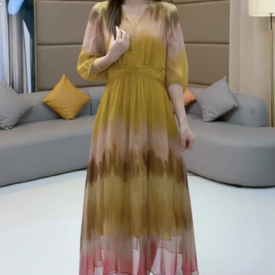 《暖暖推荐》“金韵雅裳”重工钉珠显瘦时尚印花桑蚕丝连衣裙 80047