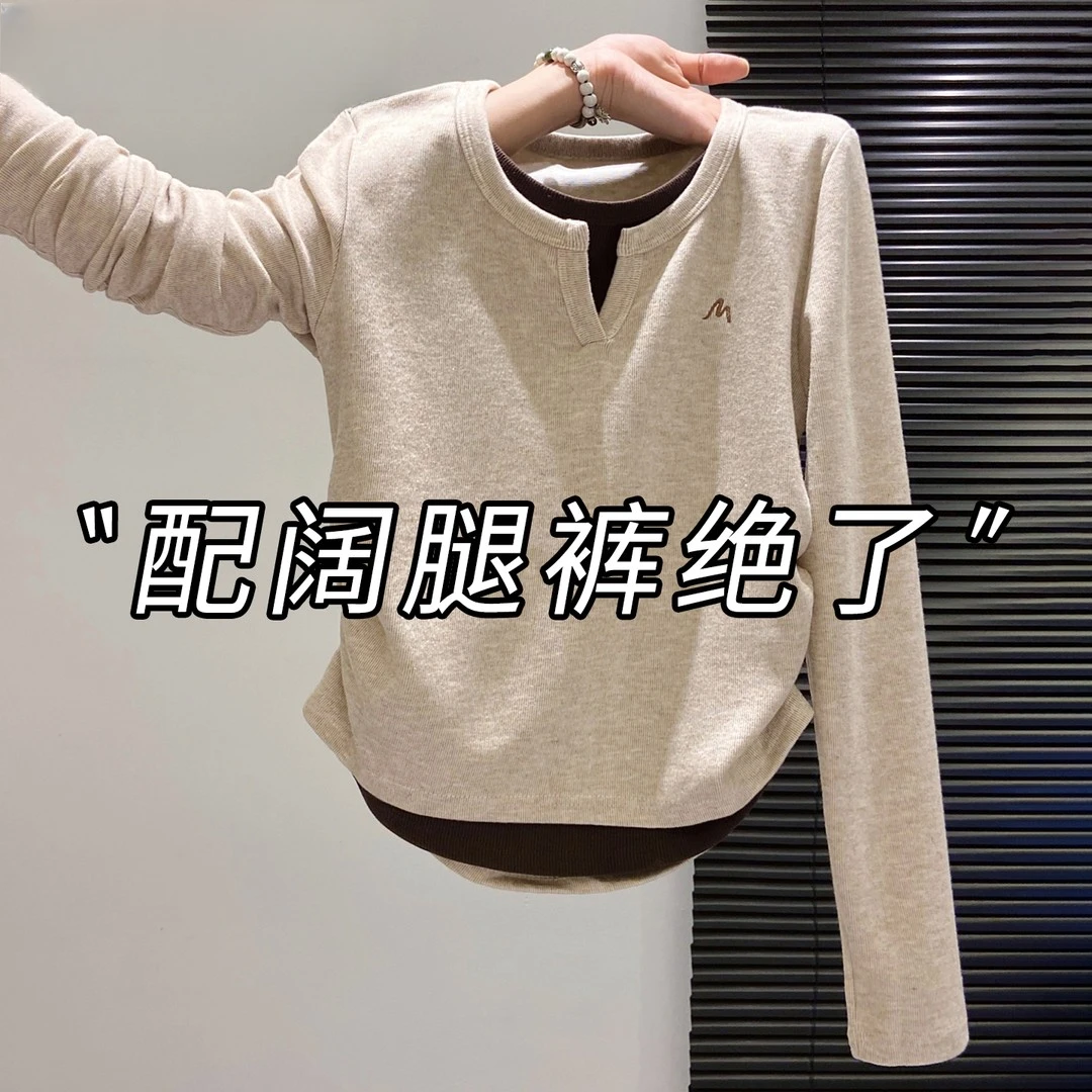 加绒上衣女假两件套秋冬刺绣字母保暖加厚打底衫洋气小衫短款长袖