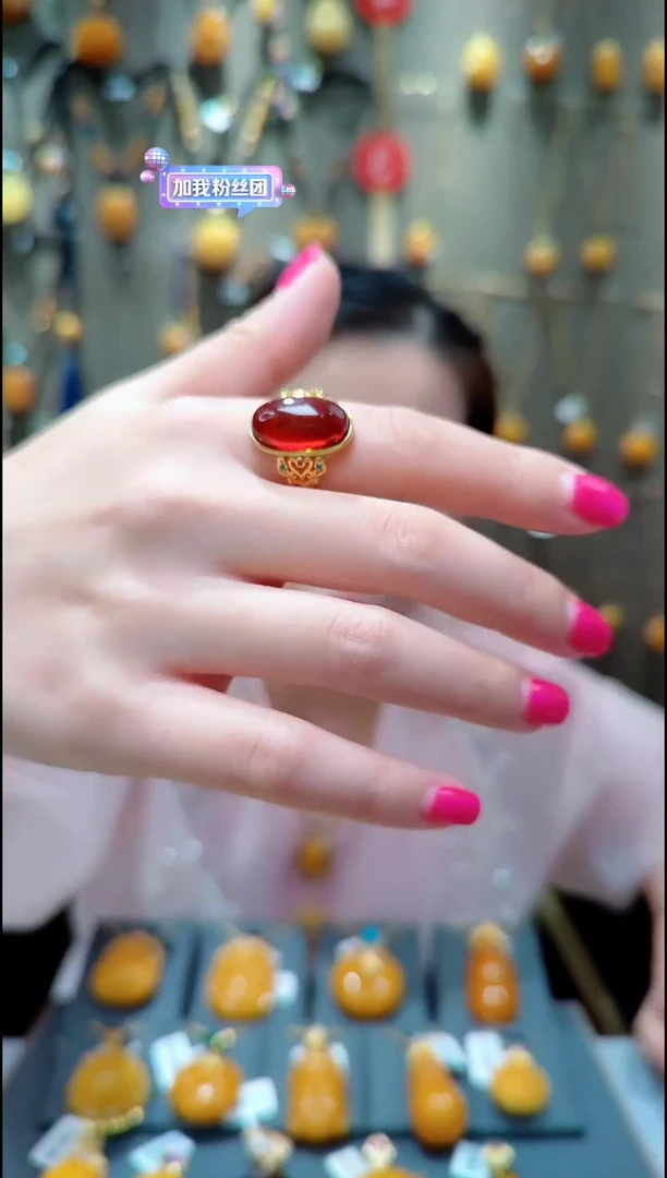 血珀银S925镀金镶嵌戒指﹣A332琥珀戒指