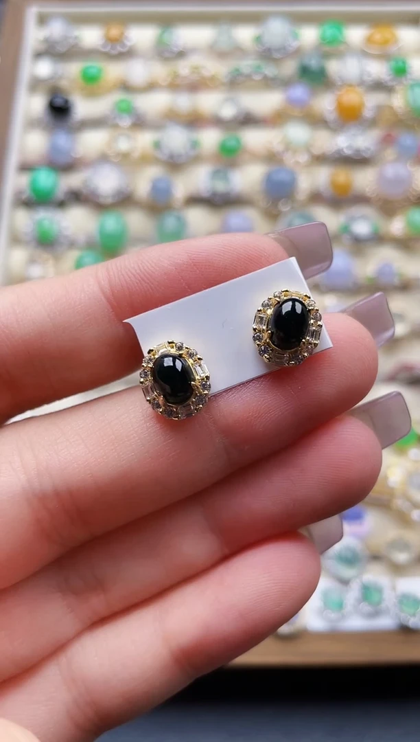 银S925镶嵌翡翠耳饰墨翠