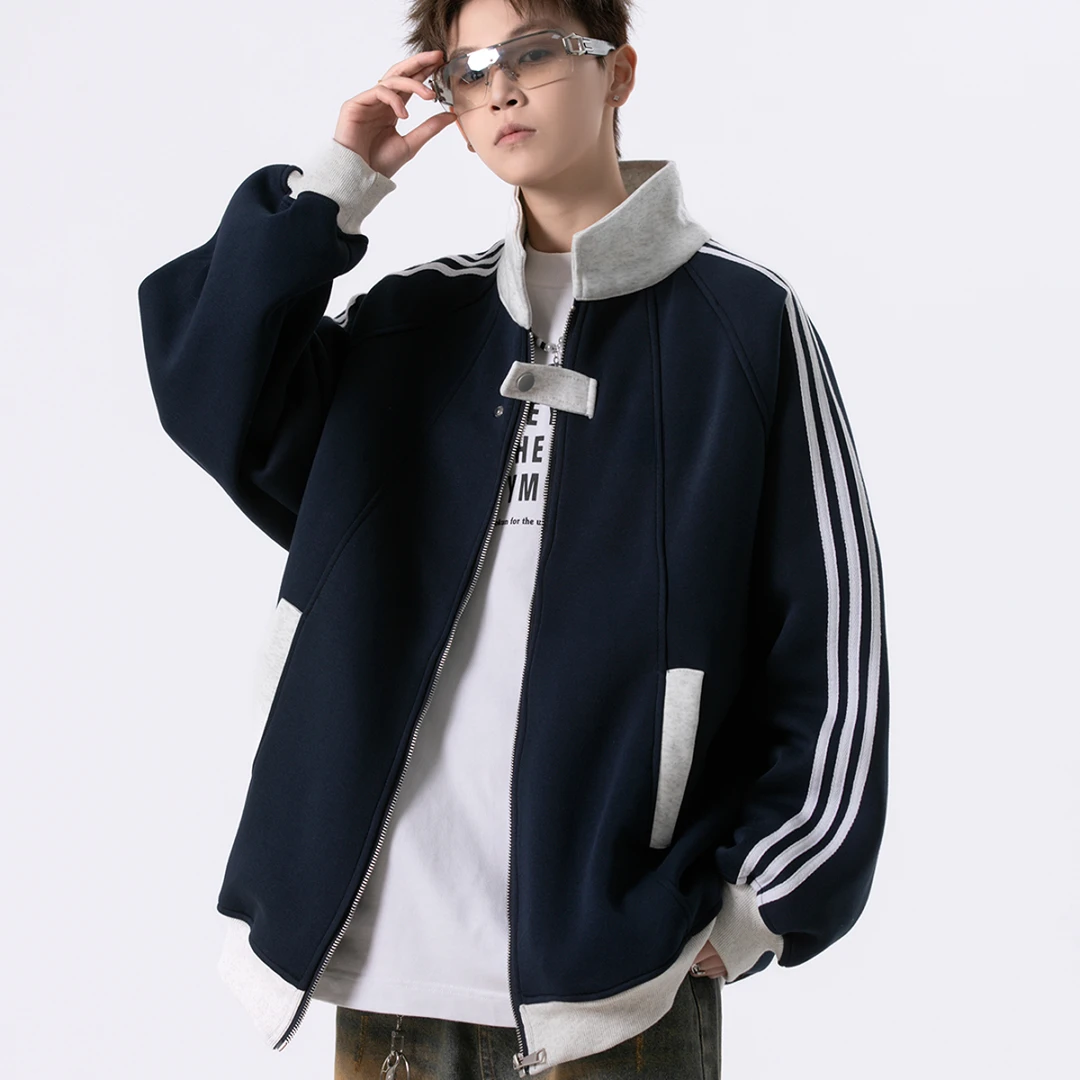 美式三条杠棒球服男女秋冬季重磅潮牌条纹运动夹克青少年拼接外套