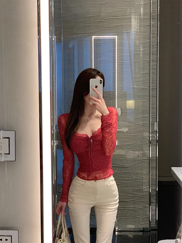 烟熏曼塔 御姐气质纯欲性感蕾丝绑带收腰长袖上衣修身显瘦微喇裤