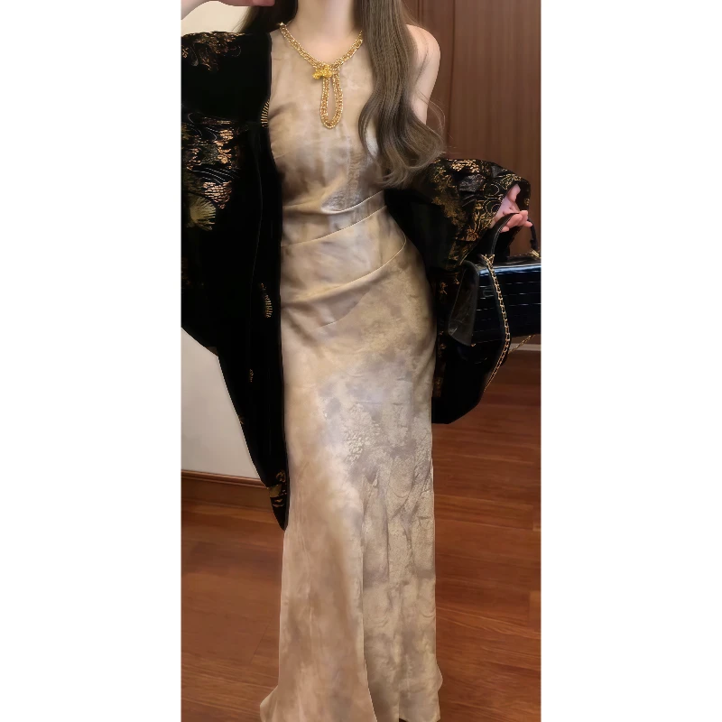 现货 【金玉繁华】新中式鎏金图亮片连衣裙&丝绒烫金斗篷外披89332